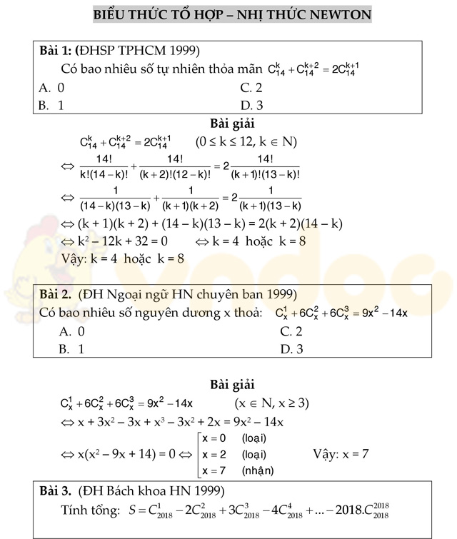 Câu hỏi trắc nghiệm biểu thức tổ hợp và nhị thức Newton
