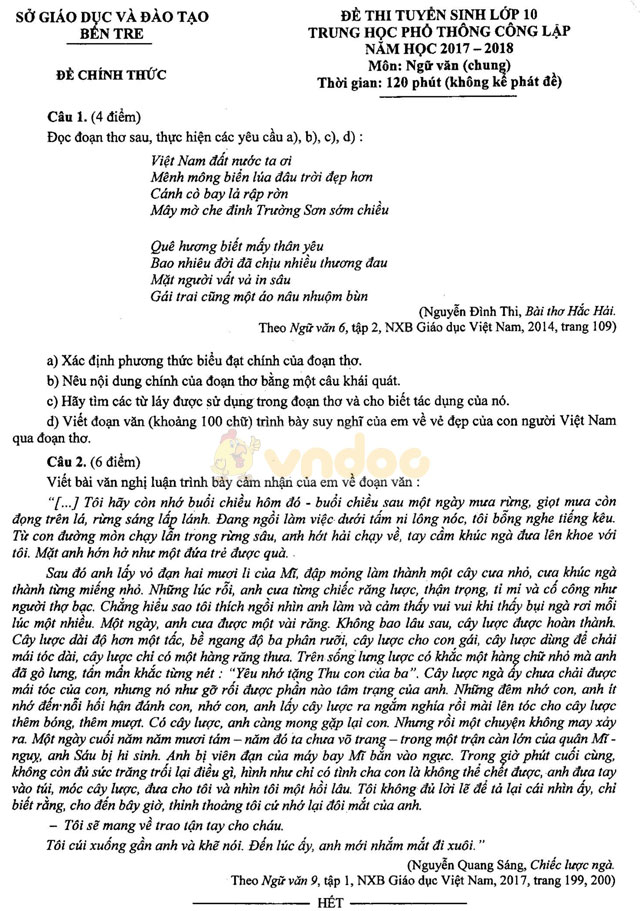 Đề thi vào lớp 10 môn Ngữ văn Sở GD&ĐT Bến Tre năm học 2017 - 2018