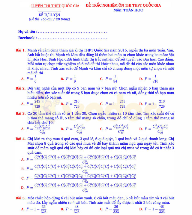 Câu hỏi trắc nghiệm tổ hợp - xác suất có đáp án