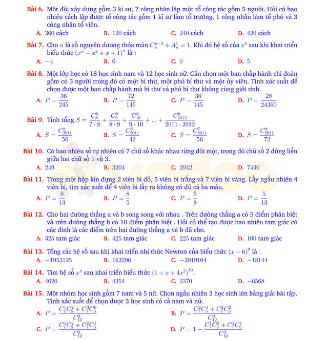 Câu hỏi trắc nghiệm tổ hợp - xác suất có đáp án