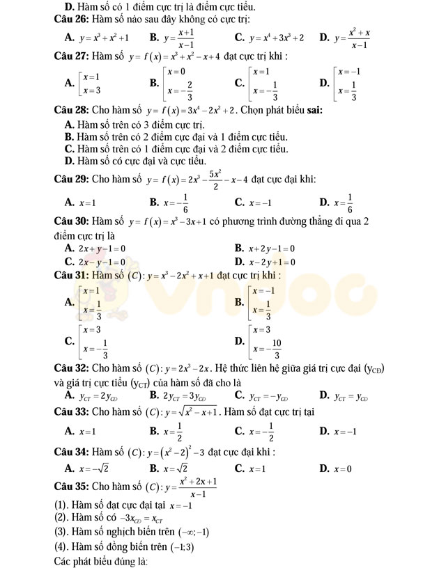 Câu hỏi trắc nghiệm cực trị hàm số có đáp án