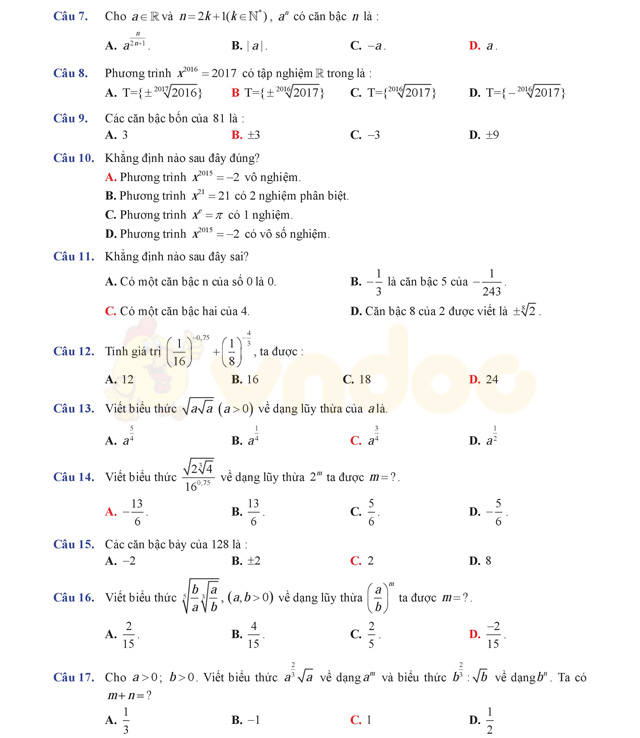 Bài tập trắc nghiệm chuyên đề mũ và logarit