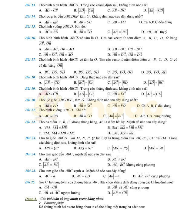 Lý thuyết và bài tập trắc nghiệm chuyên đề vectơ