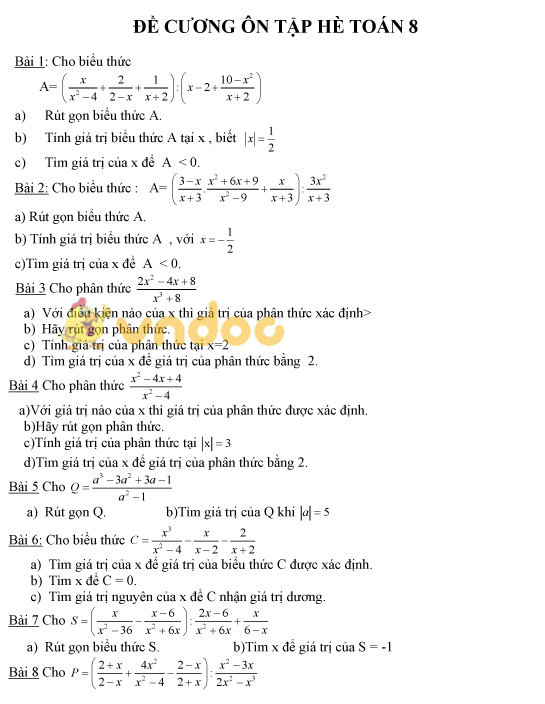 Tài liệu ôn tập môn Toán lớp 8