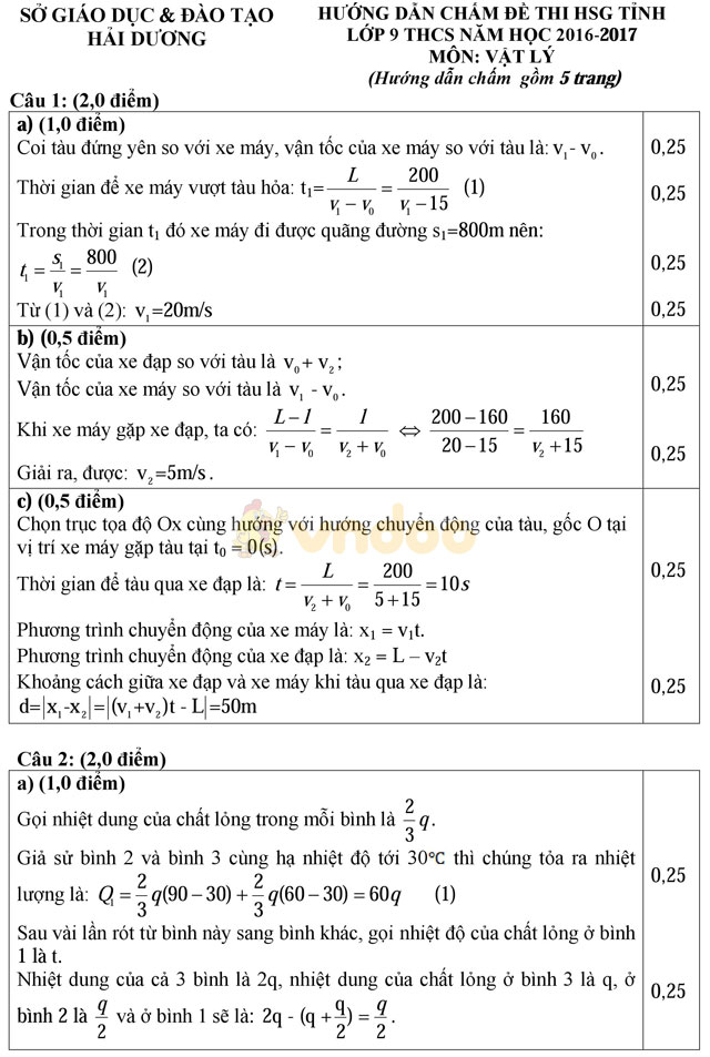 Đề thi học sinh giỏi môn Vật lý lớp 9 tỉnh Hải Dương năm học 2016 - 2017