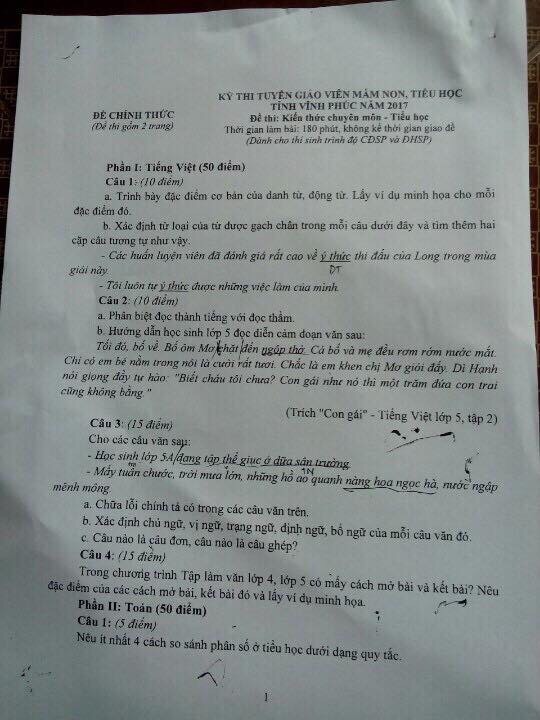 Đề thi kiến thức chuyên môn tiểu học Vĩnh phúc năm 2017