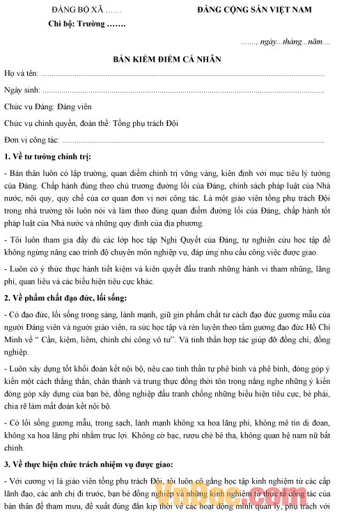 Mẫu bản kiểm điểm Đảng viên của Tổng phụ trách