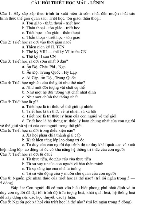Tổng hợp câu hỏi trắc nghiệm triết học Mác - LêNin 1