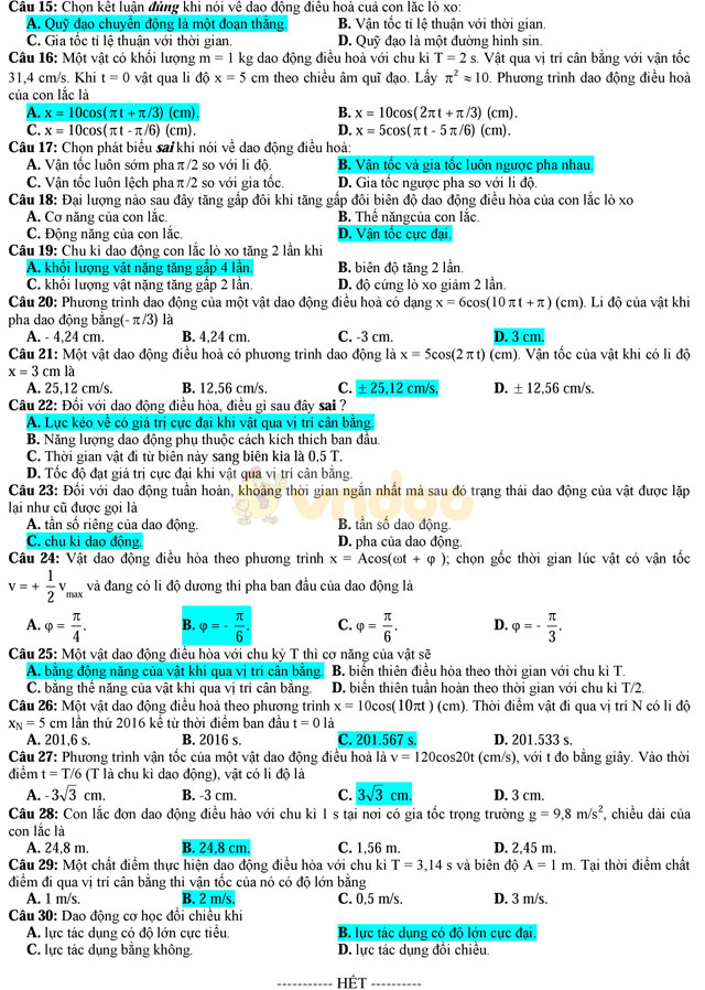 Đề thi khảo sát chất lượng đầu năm môn Vật lý lớp 12 trường THPT Nguyễn Huệ, Phú Yên năm học 2016 - 2017