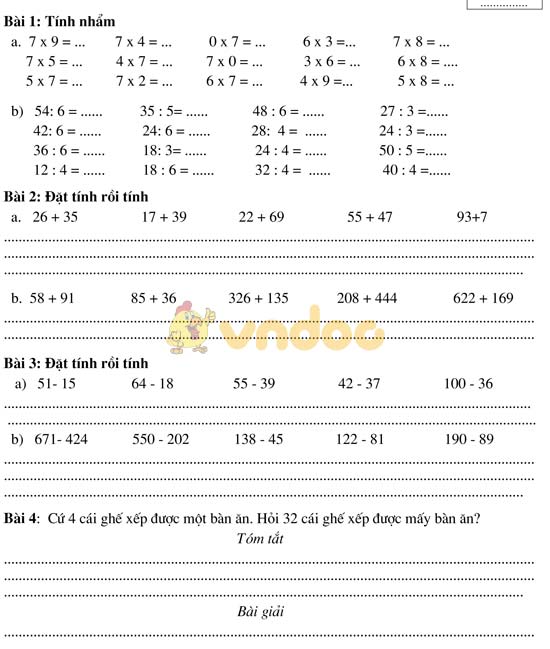 Bài tập cuối tuần cho HSY lớp 3