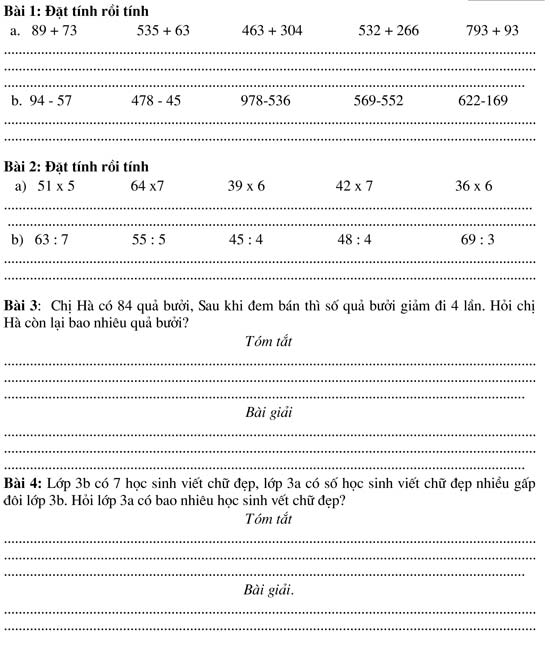 Bài tập cuối tuần cho HSY lớp 3