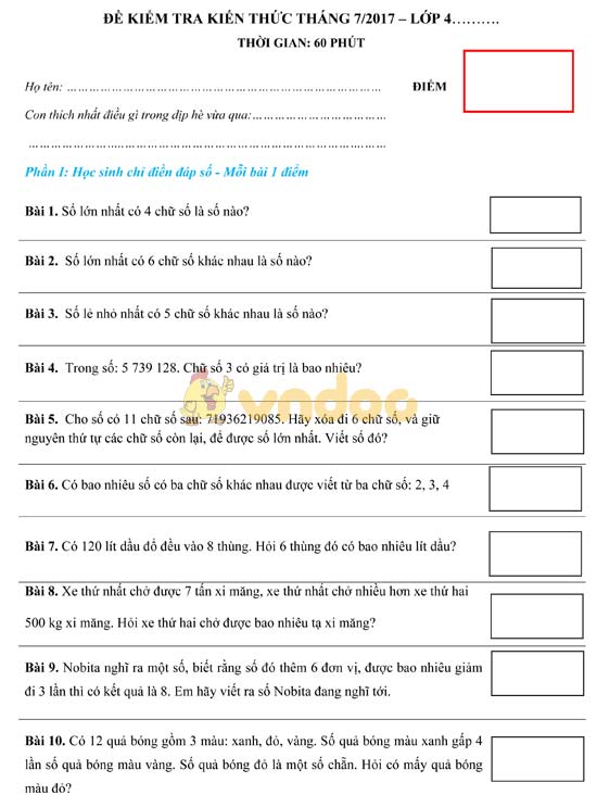 Đề kiểm tra kiến thức tháng 7 năm 2017