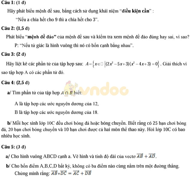 Đề thi khảo sát chất lượng đầu năm môn Toán lớp 10 trường THPT Phan Văn Trị, Cần Thơ năm học 2015 - 2016