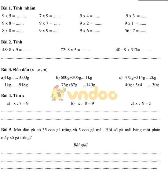 Bài tập cuối tuần cho HSY lớp 3