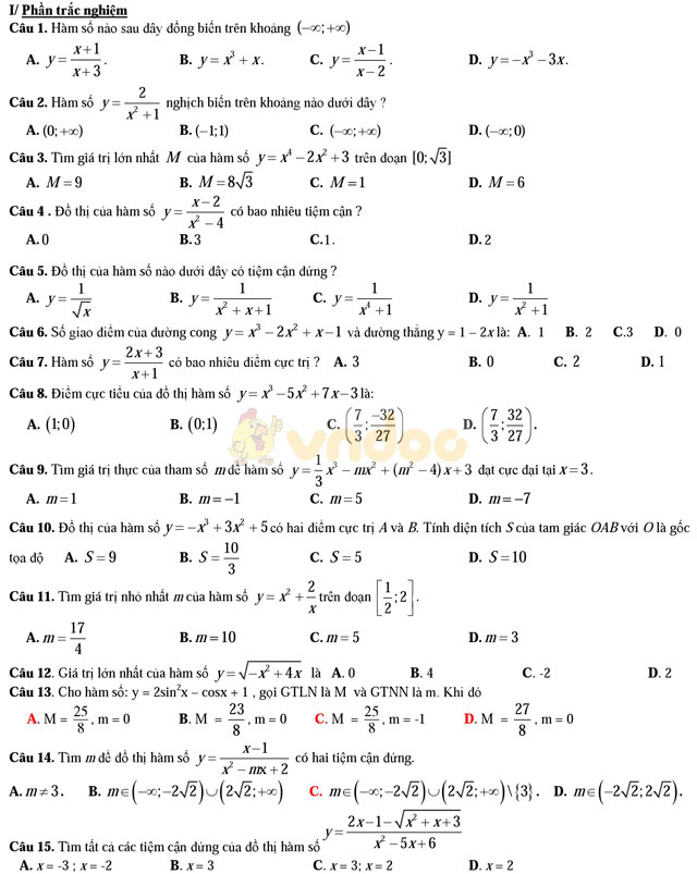 Đề kiểm tra chương 1 môn Giải tích lớp 12 năm học 2017 - 2018