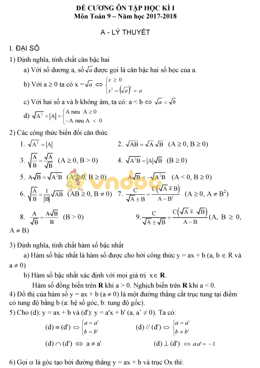 Đề cương ôn tập học kì 1 môn Toán lớp 9