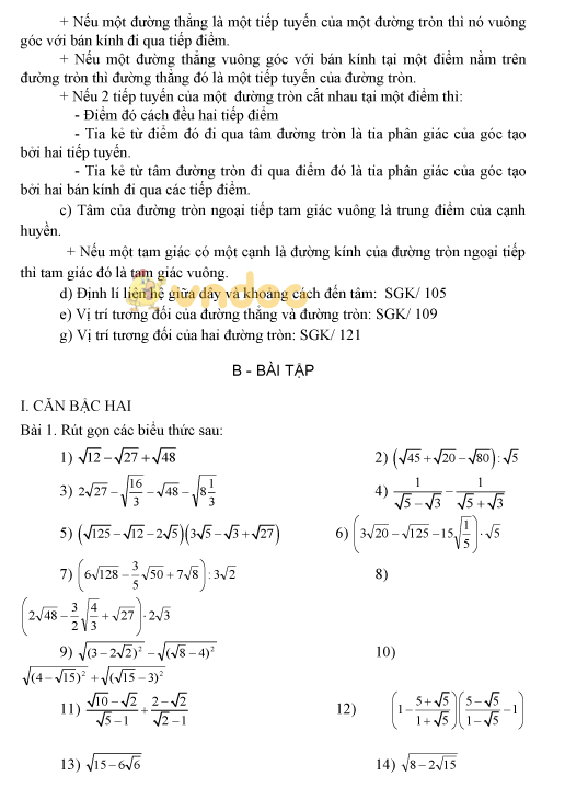 Đề cương ôn tập học kì 1 môn Toán lớp 9