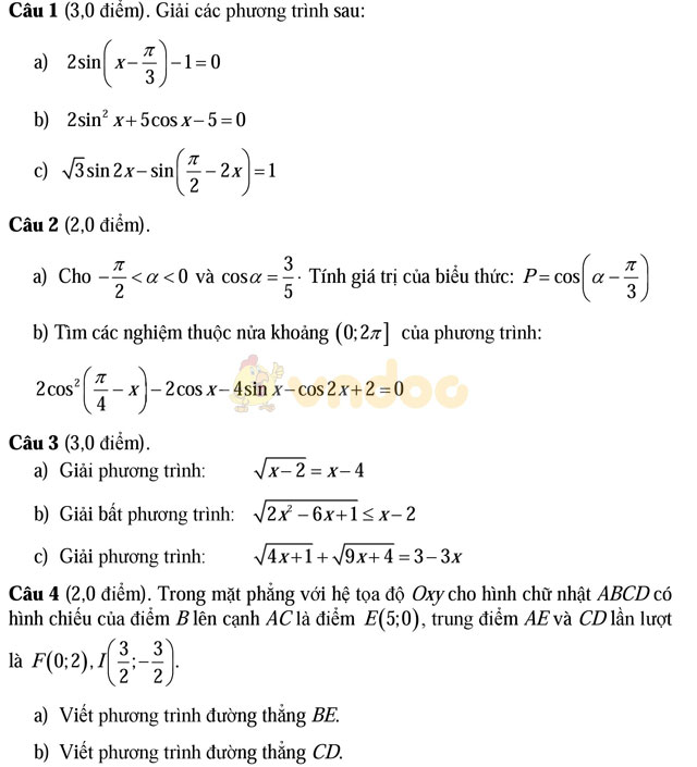 Đề thi khảo sát chất lượng đầu năm môn Toán lớp 11 trường THPT Đoàn Thượng, Hải Dương năm học 2016 - 2017
