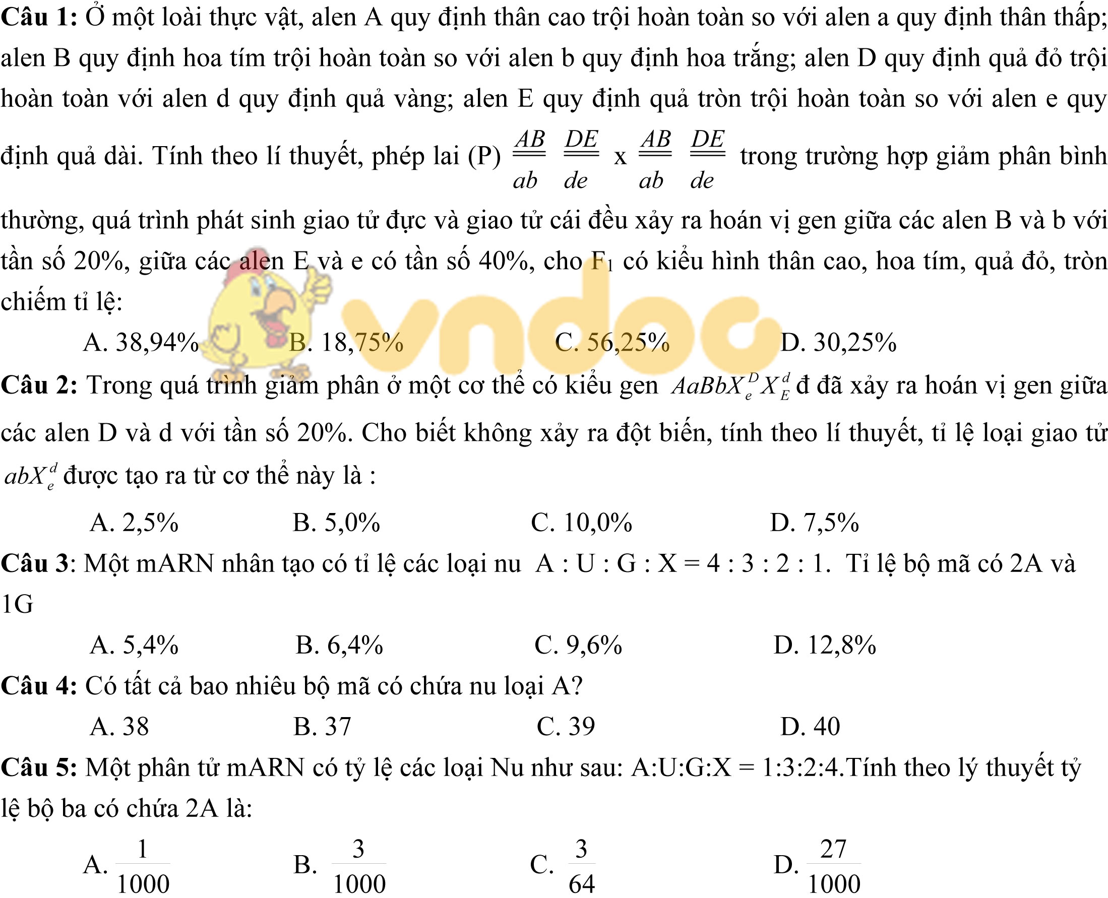 Đề khảo sát môn Sinh học lớp 12