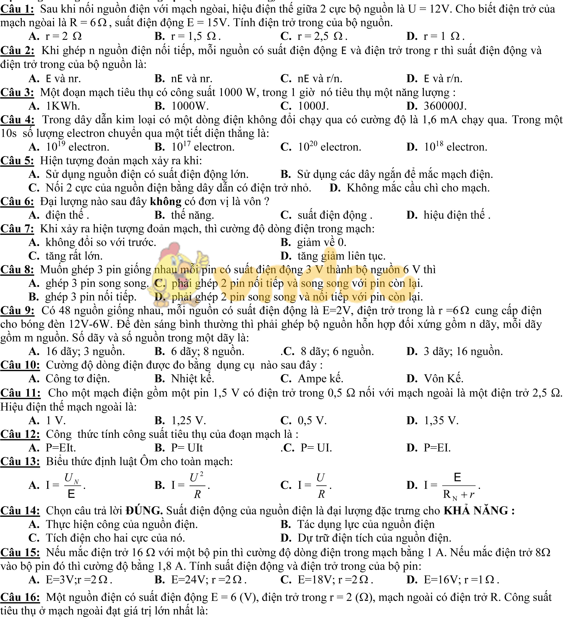 Đề kiểm tra môn Vật lý lớp 11 chương 2