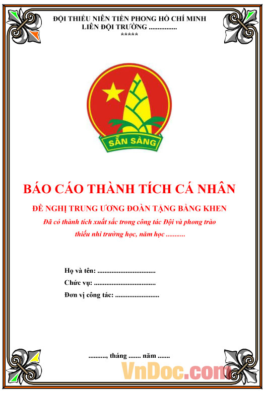 Mẫu báo cáo thành tích cá nhân của Tổng phụ trách đề nghị tặng bằng khen