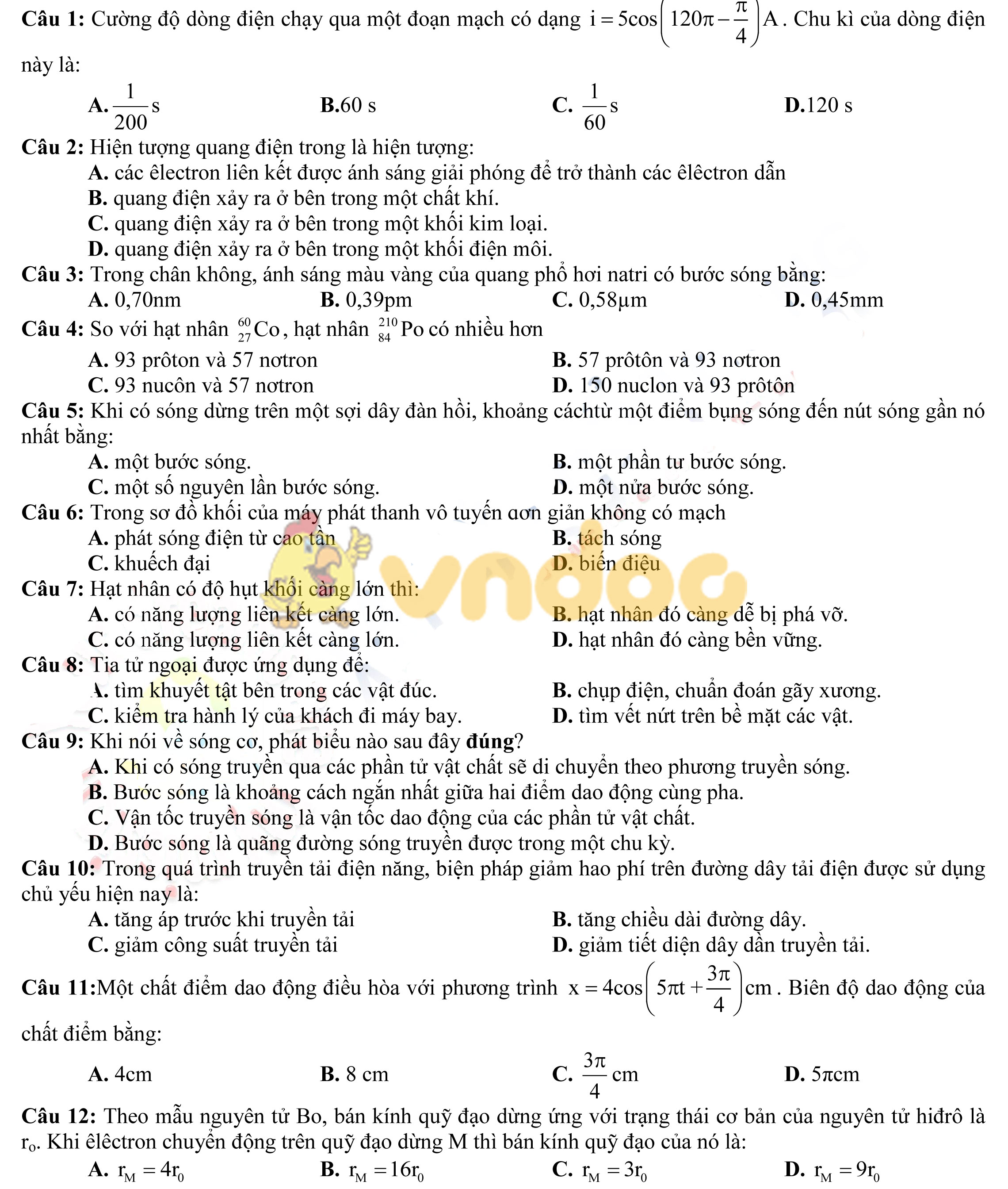 Đề thi khảo sát chất lượng môn Vật lý lớp 12