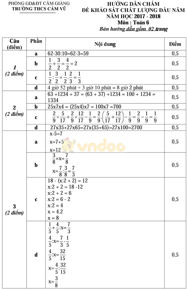 Đề thi khảo sát chất lượng đầu năm môn Toán lớp 6 trường THCS Cẩm Vũ, Hải Dương năm học 2017 - 2018