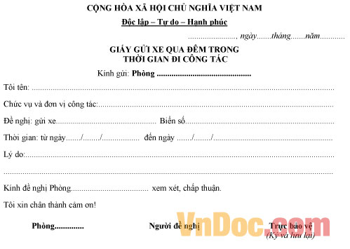 Giấy gửi xe qua đêm tại trường