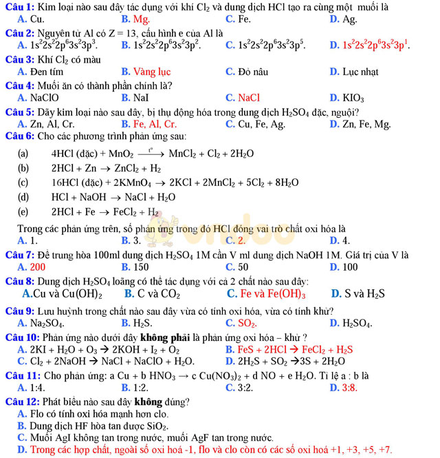 Đề thi khảo sát chất lượng đầu năm môn Hóa học lớp 11 trường THPT Thuận Thành 1, Bắc Ninh năm học 2017 - 2018