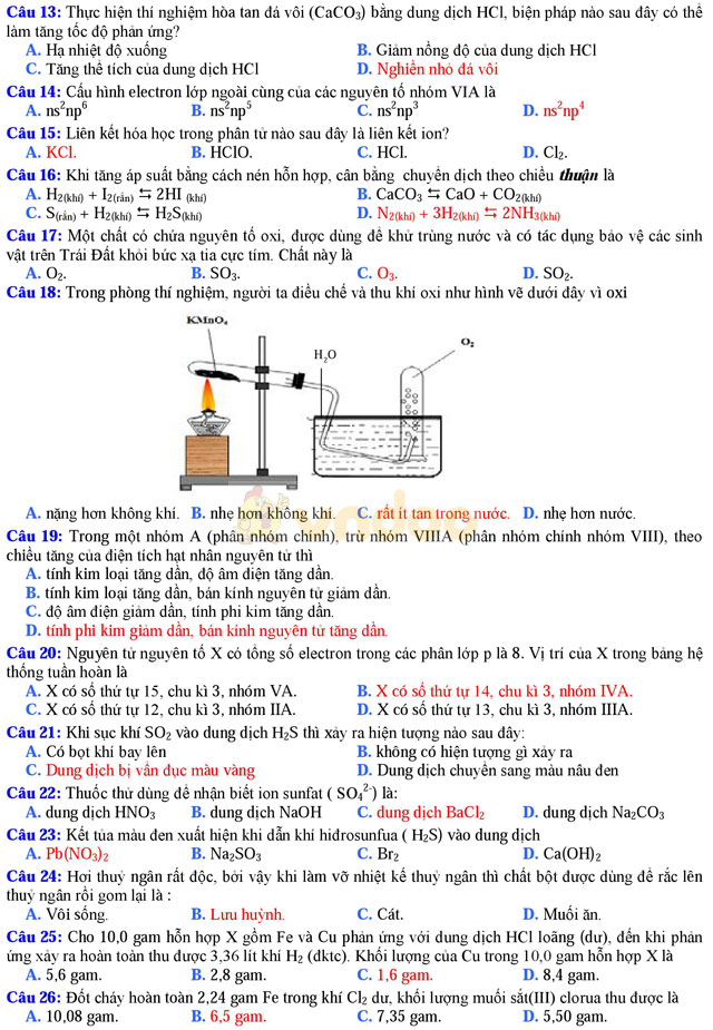 Đề thi khảo sát chất lượng đầu năm môn Hóa học lớp 11 trường THPT Thuận Thành 1, Bắc Ninh năm học 2017 - 2018