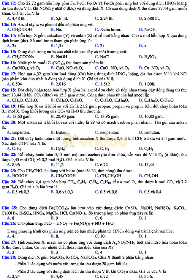 Đề thi khảo sát chất lượng đầu năm môn Hóa học lớp 12 trường THPT Thuận Thành 1, Bắc Ninh năm học 2017 - 2018
