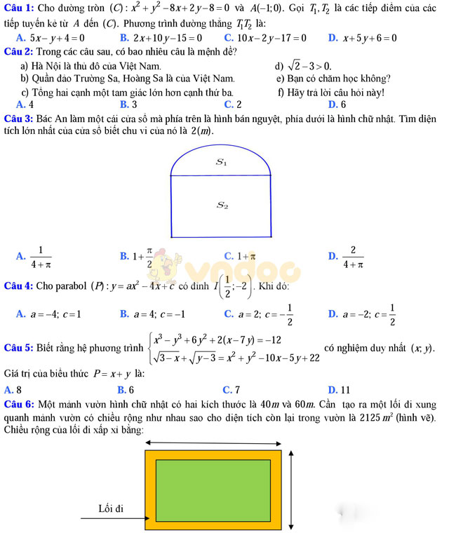 Đề thi khảo sát chất lượng đầu năm môn Toán lớp 11 trường THPT Thuận Thành 1, Bắc Ninh năm học 2017 - 2018