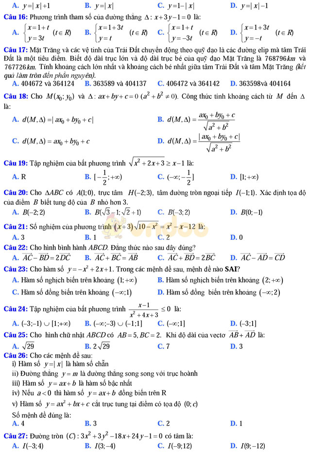 Đề thi khảo sát chất lượng đầu năm môn Toán lớp 11 trường THPT Thuận Thành 1, Bắc Ninh năm học 2017 - 2018