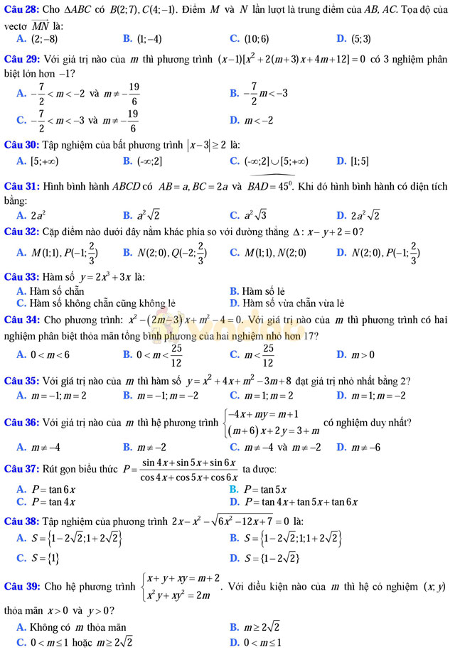 Đề thi khảo sát chất lượng đầu năm môn Toán lớp 11 trường THPT Thuận Thành 1, Bắc Ninh năm học 2017 - 2018