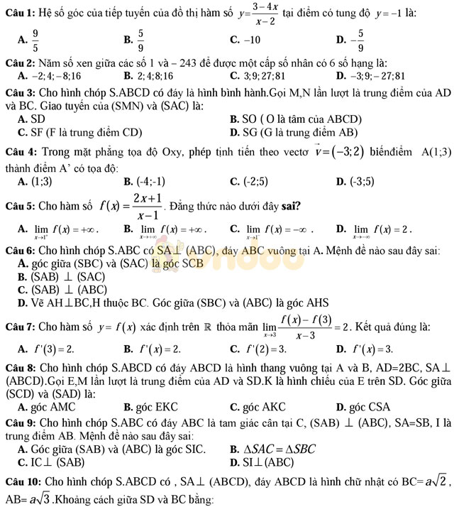 Đề thi khảo sát chất lượng đầu năm môn Toán lớp 12 trường THPT Thuận Thành 1, Bắc Ninh năm học 2017 - 2018