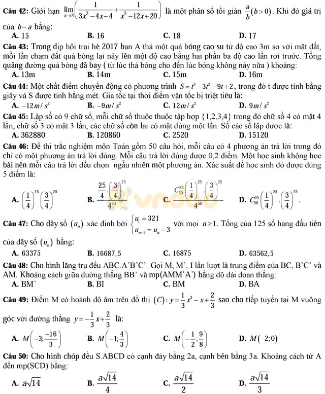 Đề thi khảo sát chất lượng đầu năm môn Toán lớp 12 trường THPT Thuận Thành 1, Bắc Ninh năm học 2017 - 2018