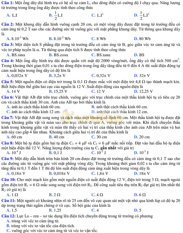 Đề thi khảo sát chất lượng đầu năm môn Vật lý lớp 12 trường THPT Thuận Thành 1, Bắc Ninh năm học 2017 - 2018