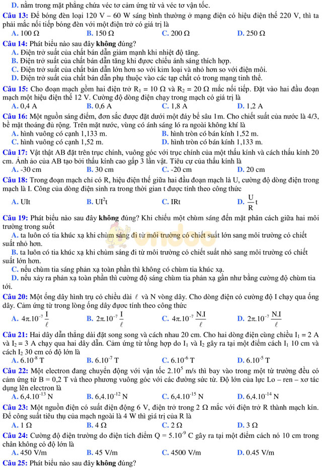 Đề thi khảo sát chất lượng đầu năm môn Vật lý lớp 12 trường THPT Thuận Thành 1, Bắc Ninh năm học 2017 - 2018