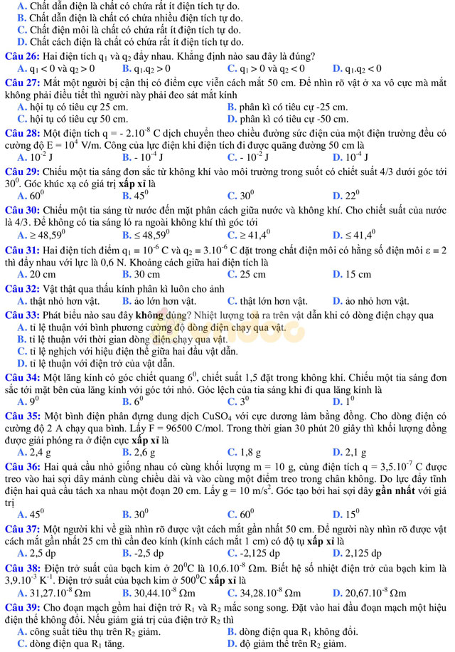 Đề thi khảo sát chất lượng đầu năm môn Vật lý lớp 12 trường THPT Thuận Thành 1, Bắc Ninh năm học 2017 - 2018
