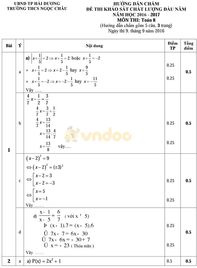 Đề thi khảo sát chất lượng đầu năm môn Toán lớp 8 trường THCS Ngọc Châu, Hải Dương năm học 2016 - 2017