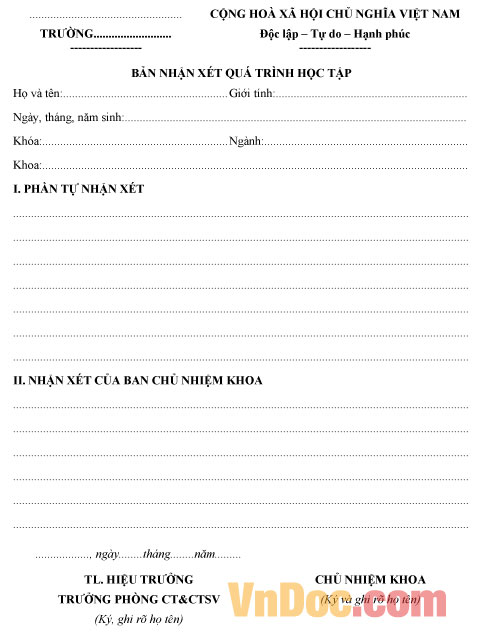 Bản nhận xét quá trình học tập