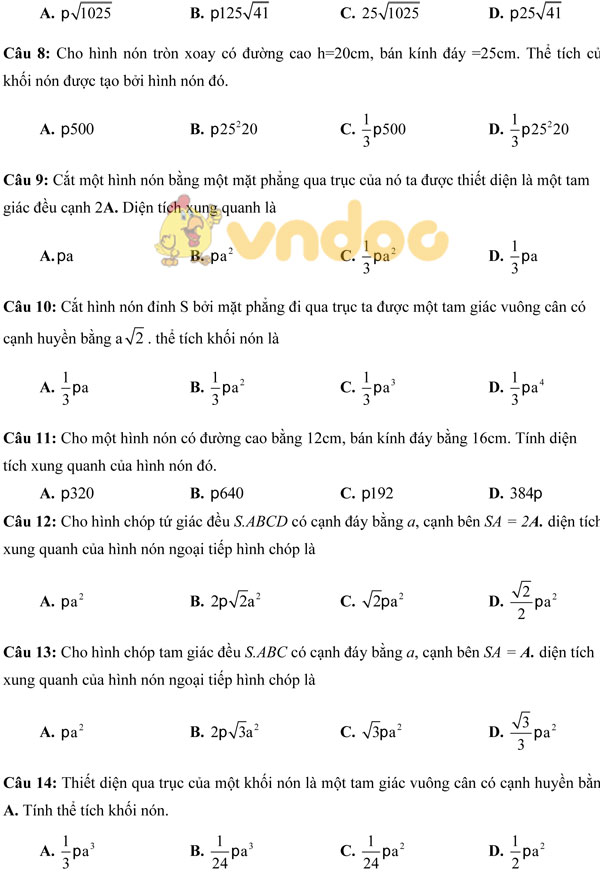 Bài tập trắc nghiệm môn Toán lớp 12 có đán án