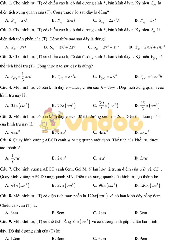 Bài tập trắc nghiệm môn Toán lớp 12 có đán án
