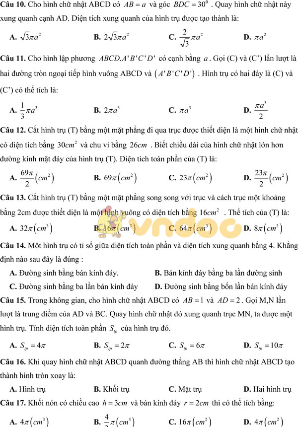 Bài tập trắc nghiệm môn Toán lớp 12 có đán án