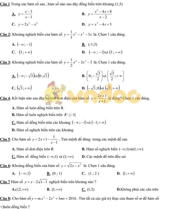 Bài tập trắc nghiệm môn Toán lớp 12  có đáp án 