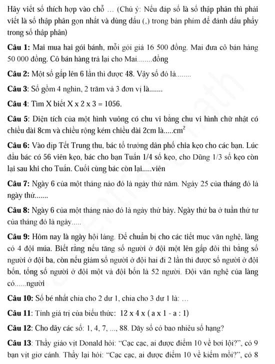 Đề thi Violympic Toán lớp 4 vòng 1 năm 2017 - 2018