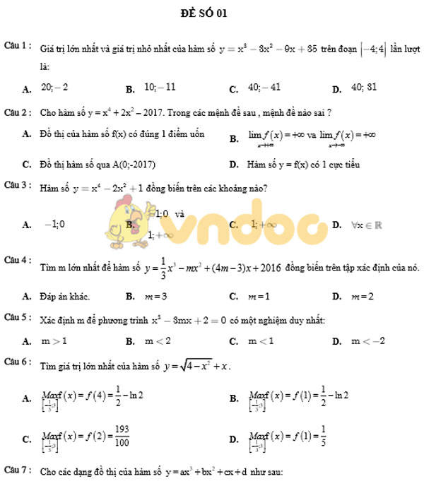 Tổng hợp câu trắc nghiệm giải tích 12 có đáp án