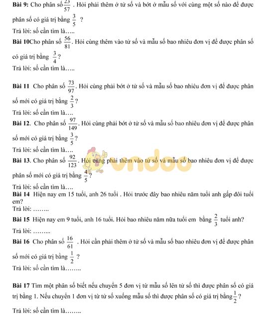 Bài tập Toán biến đổi phân số lớp 5