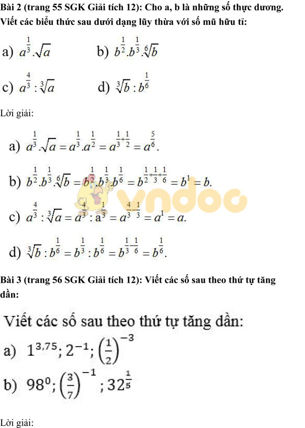 Giải bài tập trang 55, 56 SGK Giải tích lớp 12: Lũy thừa