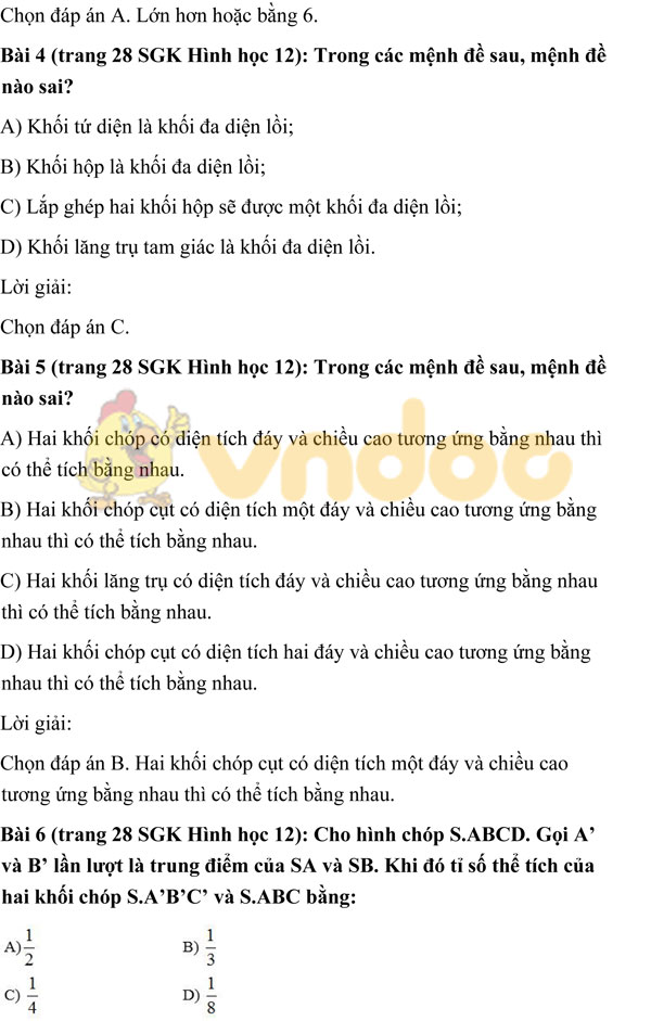 Câu hỏi trắc nghiệm Toán 12 chương 1